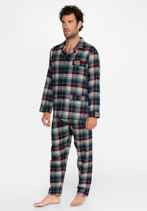 Pijama Hombre Largo Premium Tela Solapa Franela Invierno Granate Marino Cuadros