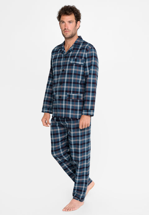 Pijama Hombre Largo Premium Tela Solapa Franela Invierno Cuadros Azules