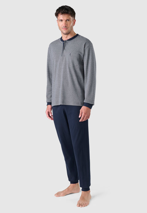 55022 - Pyjama long d'hiver pour homme en tricot haut de gamme avec patte de boutonnage - Marine à chevrons