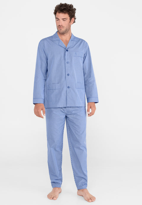 Pijama Hombre Largo Solapa Tela Popelín Cuadros Azules